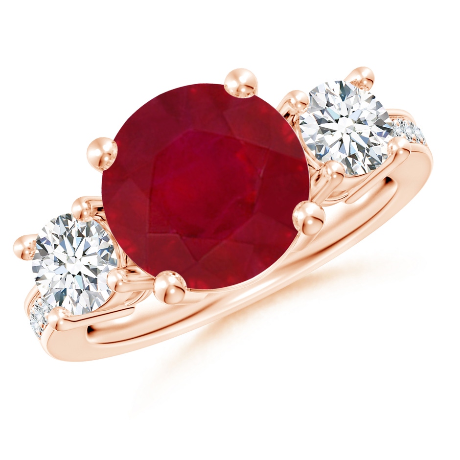 10mm AA Classic Three Stone Ruby and Diamond Ring in Rose Gold 