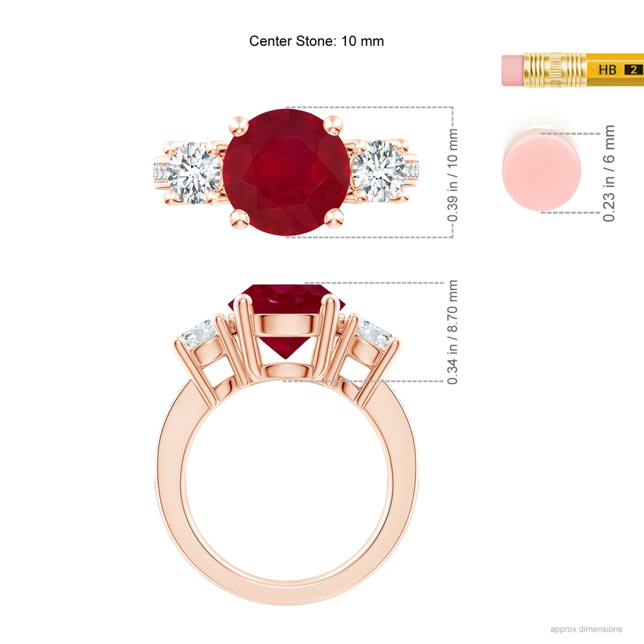10mm AA Classic Three Stone Ruby and Diamond Ring in Rose Gold ruler