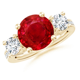 10mm AAA Classic Three Stone Ruby and Diamond Ring in 9K Yellow Gold