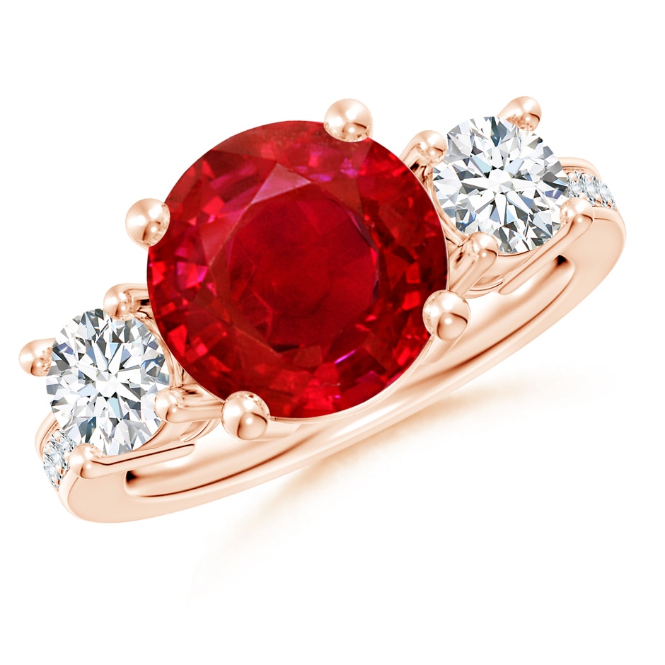 10mm AAA Classic Three Stone Ruby and Diamond Ring in Rose Gold 