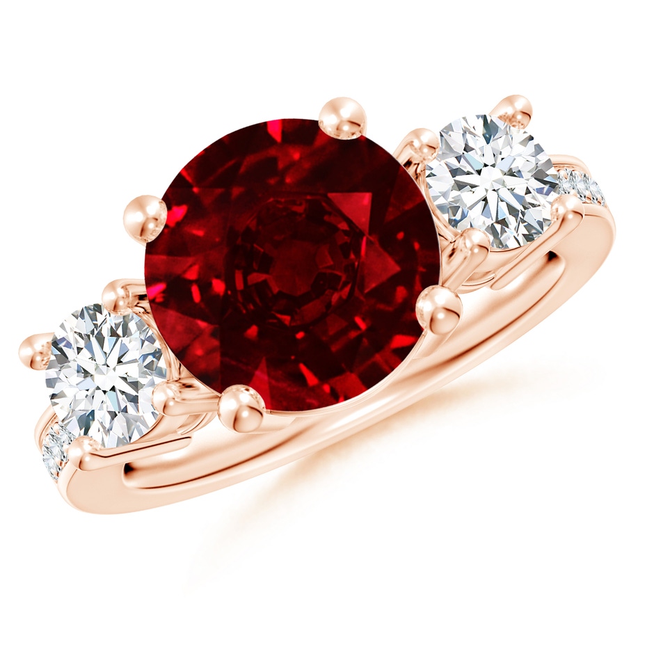 10mm AAAA Classic Three Stone Ruby and Diamond Ring in Rose Gold 