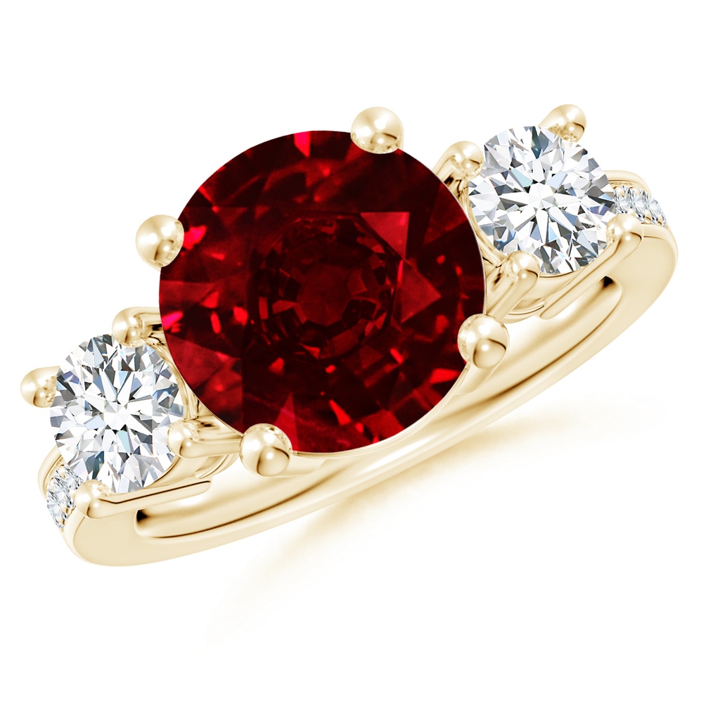 10mm AAAA Classic Three Stone Ruby and Diamond Ring in Yellow Gold
