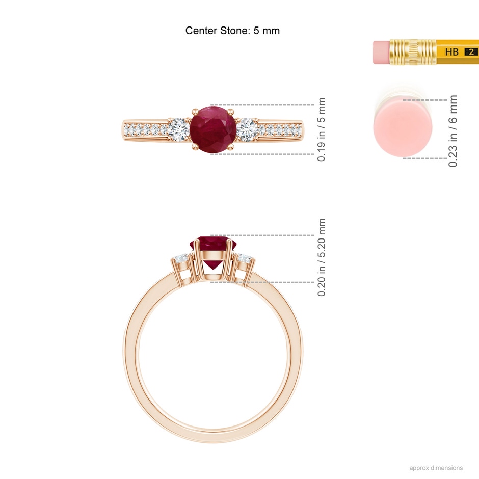 5mm A Classic Three Stone Ruby and Diamond Ring in Rose Gold ruler