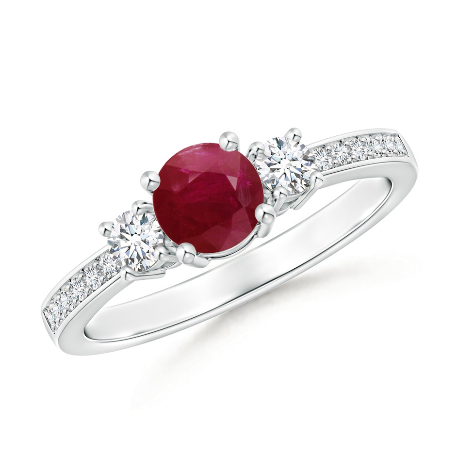 5mm A Classic Three Stone Ruby and Diamond Ring in White Gold 