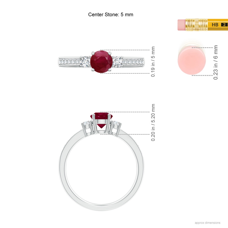 5mm A Classic Three Stone Ruby and Diamond Ring in White Gold ruler
