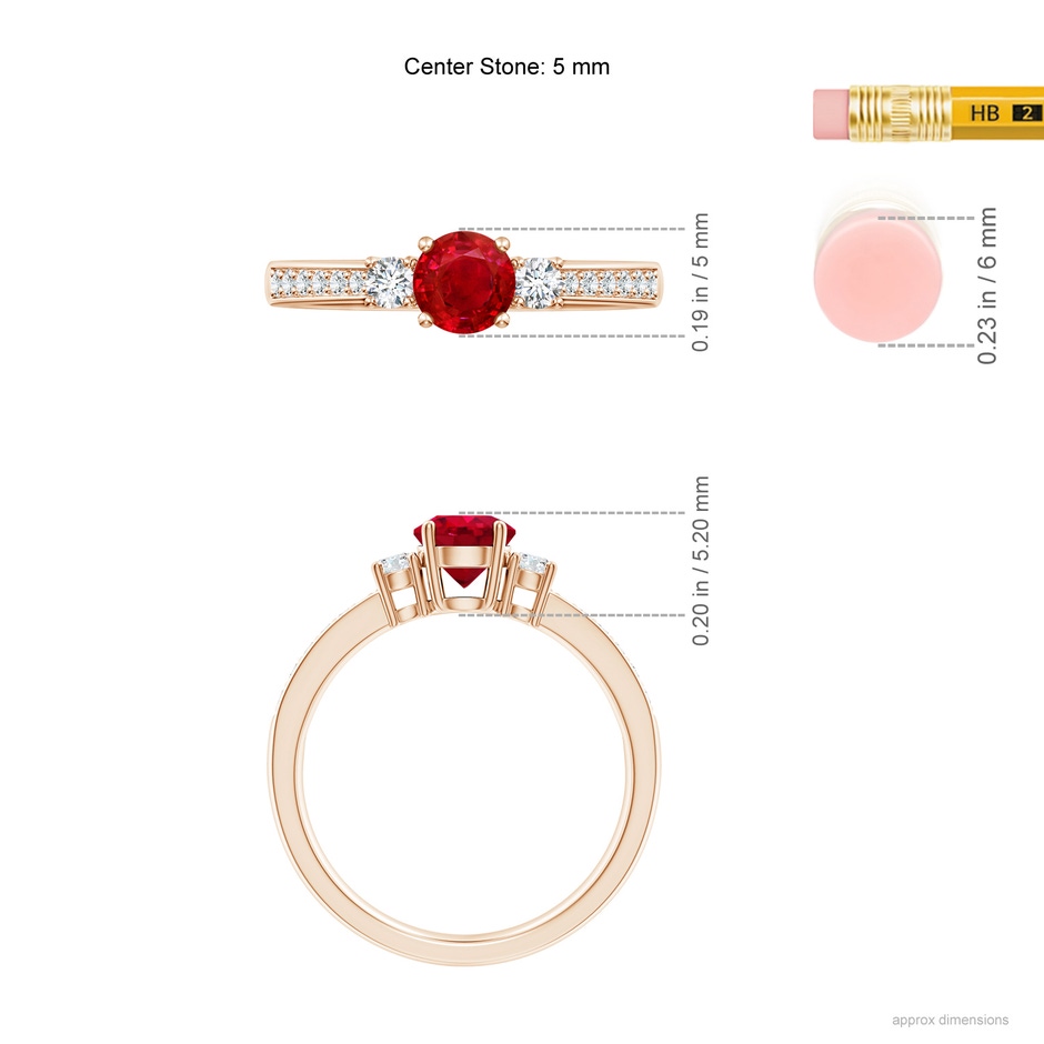 5mm AAA Classic Three Stone Ruby and Diamond Ring in Rose Gold ruler