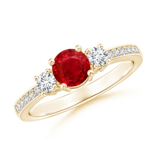 5mm AAA Classic Three Stone Ruby and Diamond Ring in Yellow Gold