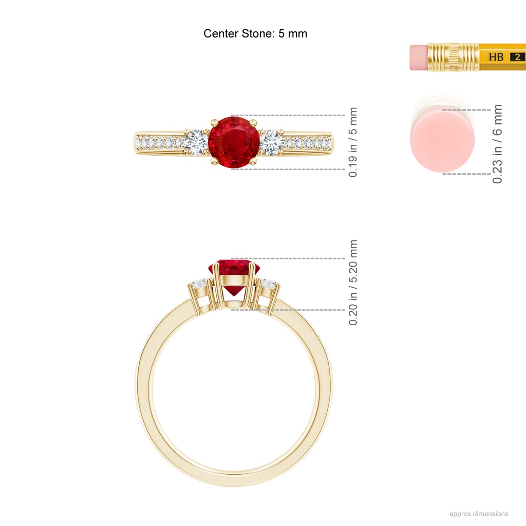 5mm AAA Classic Three Stone Ruby and Diamond Ring in Yellow Gold ruler