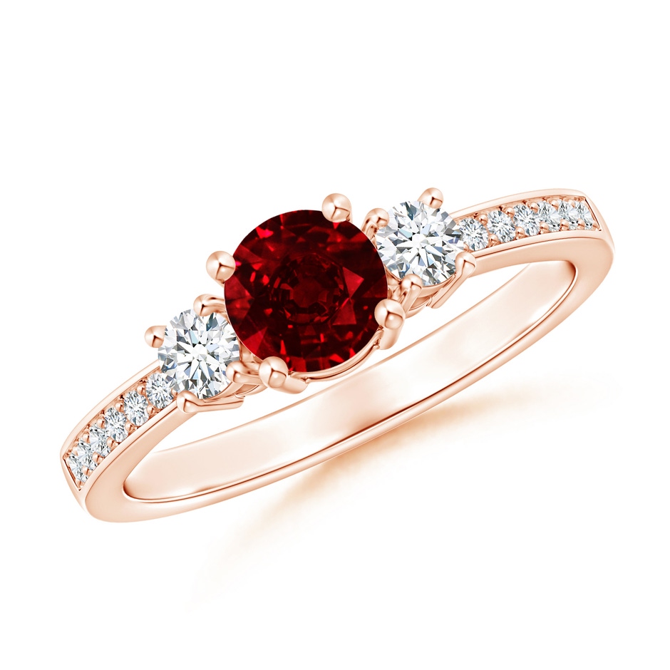 5mm AAAA Classic Three Stone Ruby and Diamond Ring in Rose Gold 