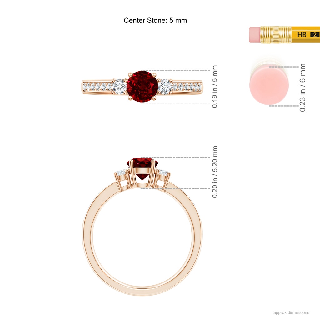 5mm AAAA Classic Three Stone Ruby and Diamond Ring in Rose Gold ruler