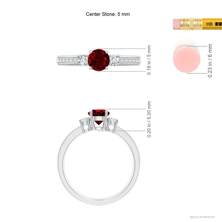 5mm AAAA Classic Three Stone Ruby and Diamond Ring in White Gold ruler
