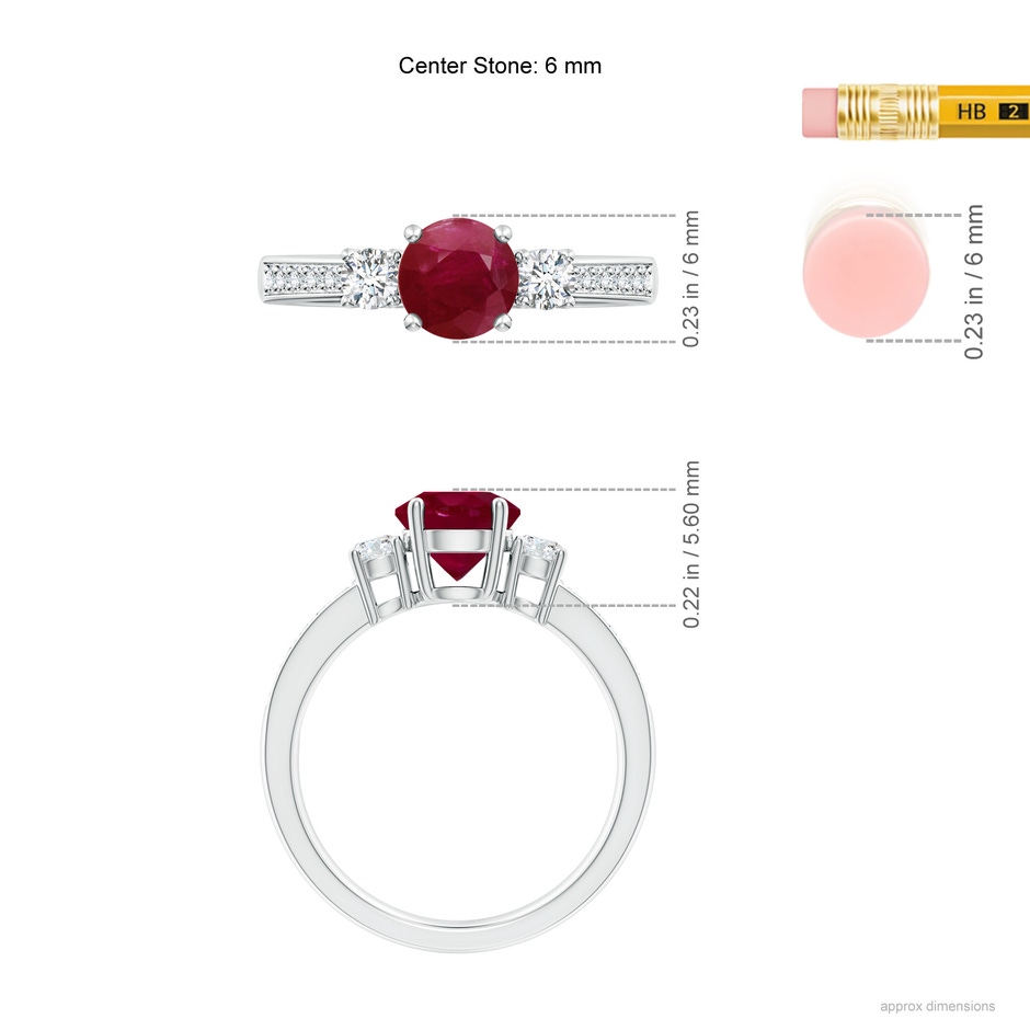 6mm A Classic Three Stone Ruby and Diamond Ring in White Gold ruler