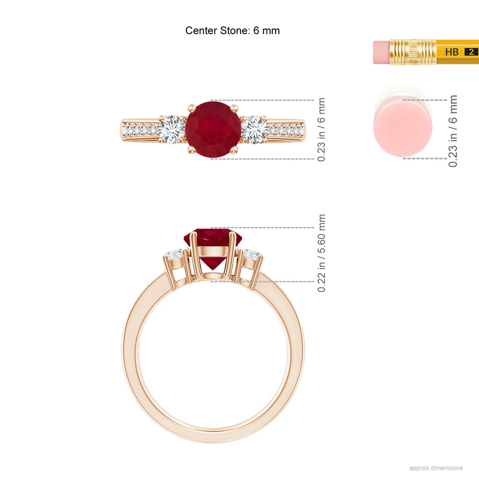 6mm AA Classic Three Stone Ruby and Diamond Ring in Rose Gold ruler