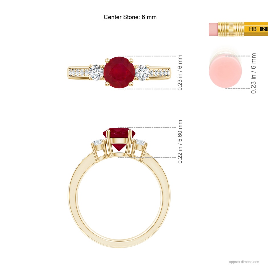 6mm AA Classic Three Stone Ruby and Diamond Ring in Yellow Gold ruler