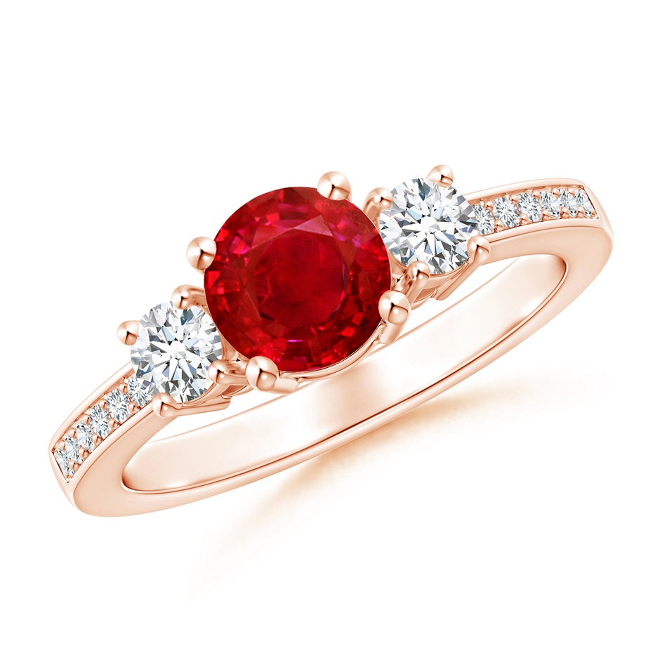 6mm AAA Classic Three Stone Ruby and Diamond Ring in Rose Gold 
