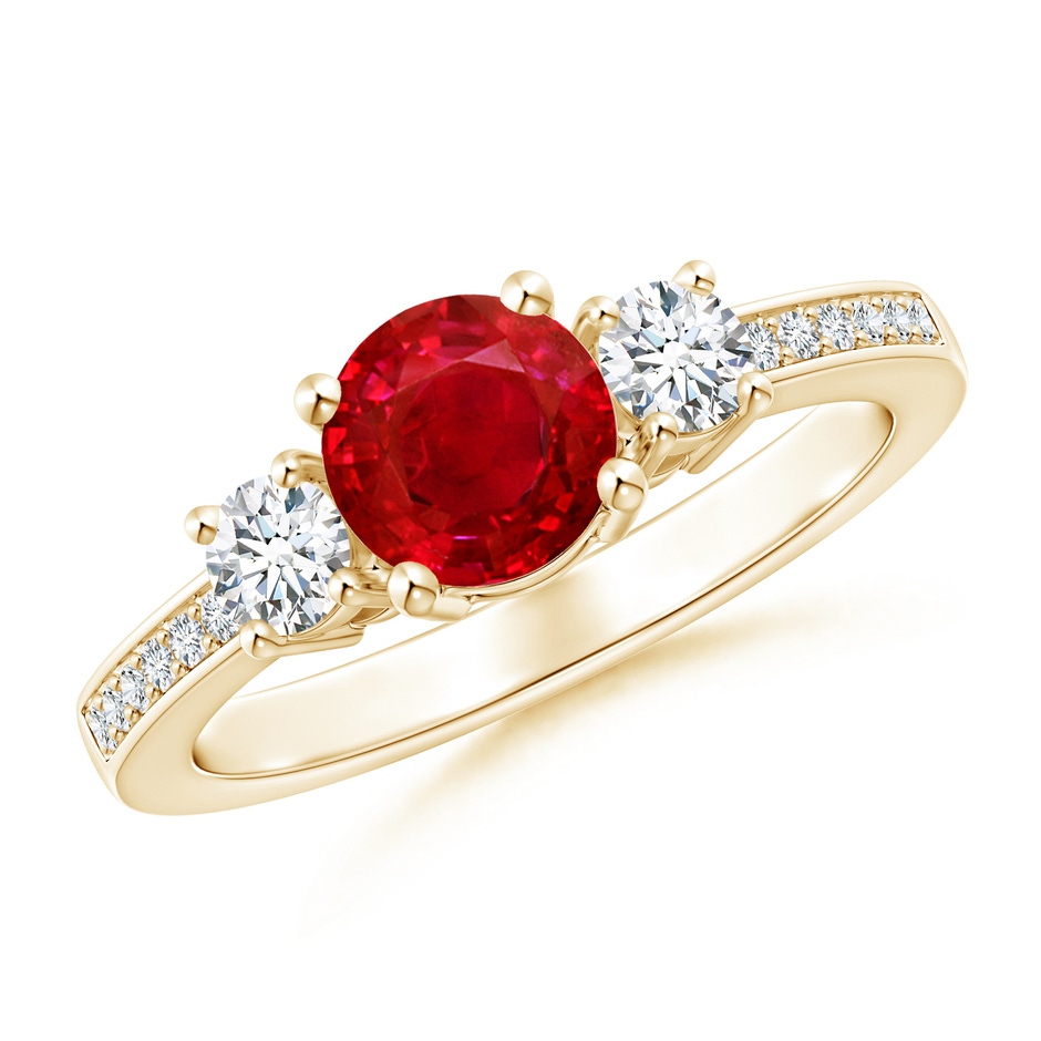 6mm AAA Classic Three Stone Ruby and Diamond Ring in Yellow Gold 
