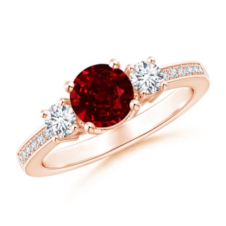 6mm AAAA Classic Three Stone Ruby and Diamond Ring in 10K Rose Gold