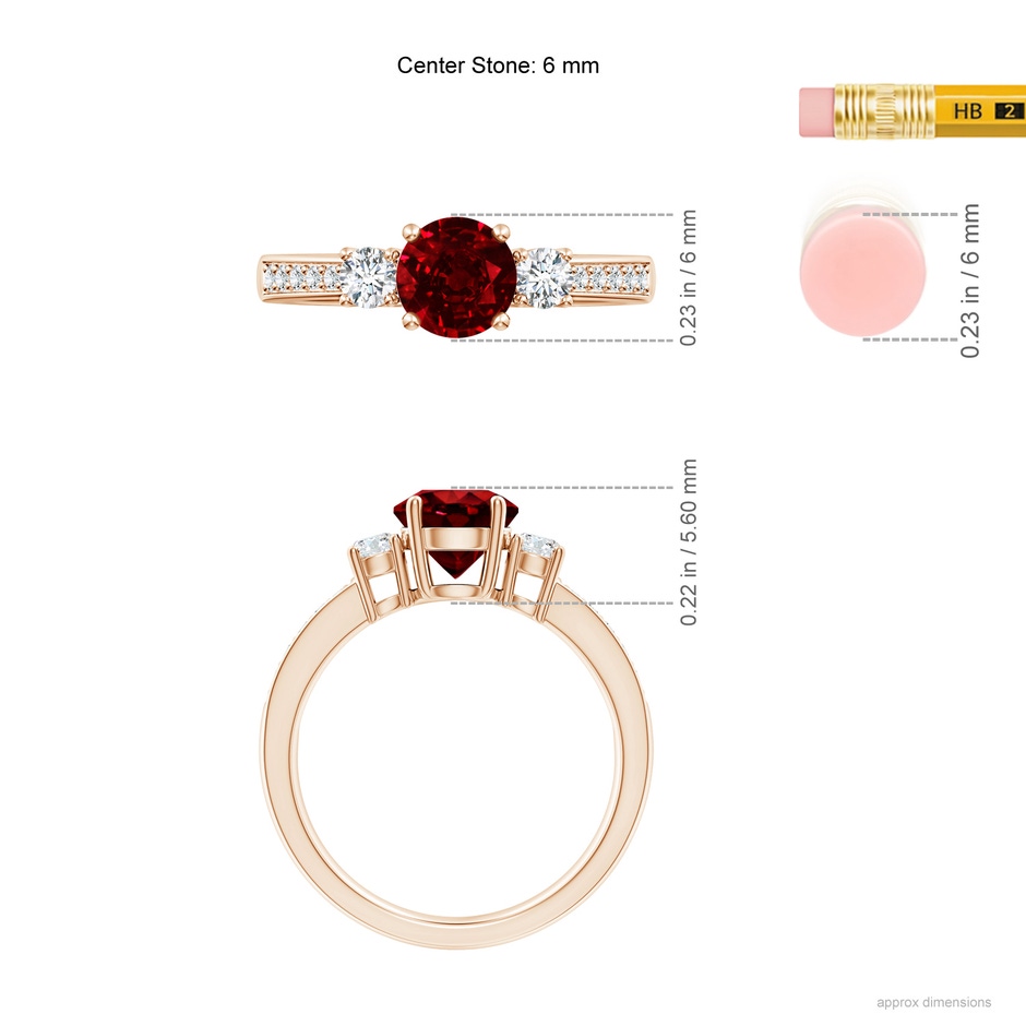 6mm AAAA Classic Three Stone Ruby and Diamond Ring in Rose Gold ruler