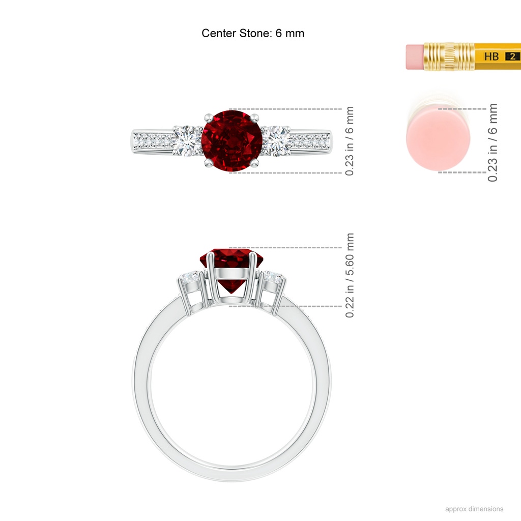 6mm AAAA Classic Three Stone Ruby and Diamond Ring in White Gold ruler
