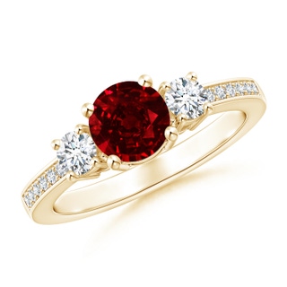 6mm AAAA Classic Three Stone Ruby and Diamond Ring in Yellow Gold