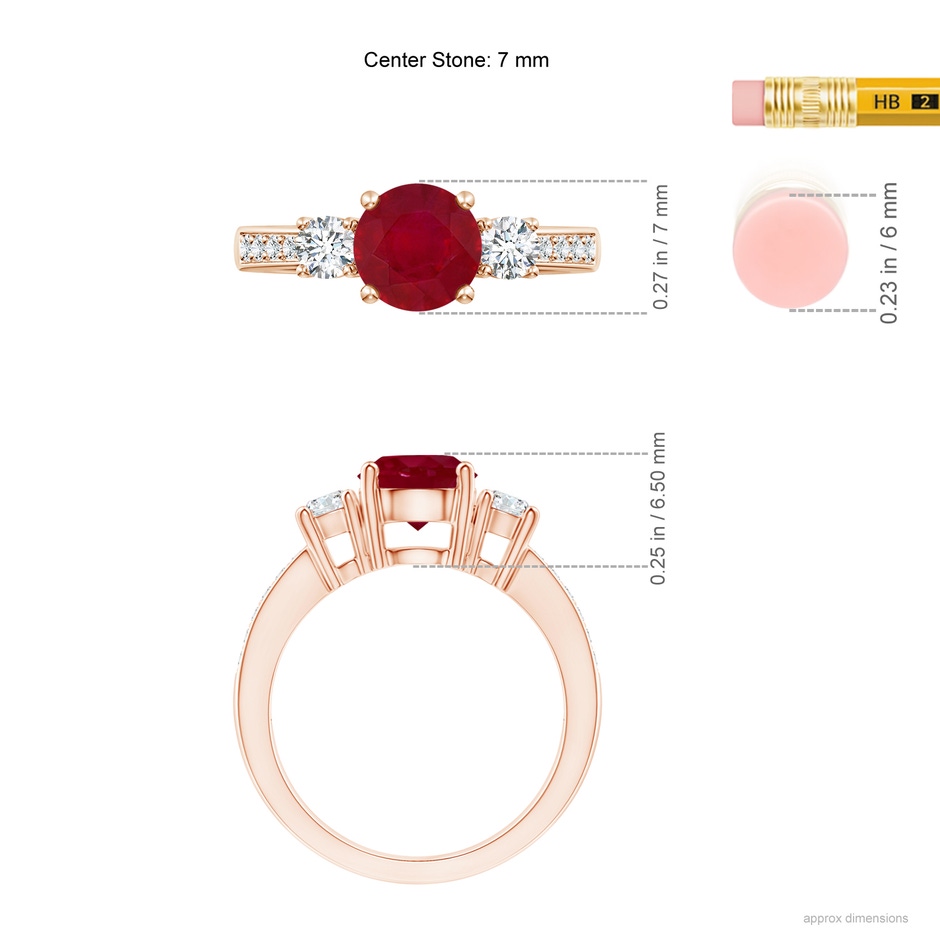 7mm AA Classic Three Stone Ruby and Diamond Ring in Rose Gold ruler