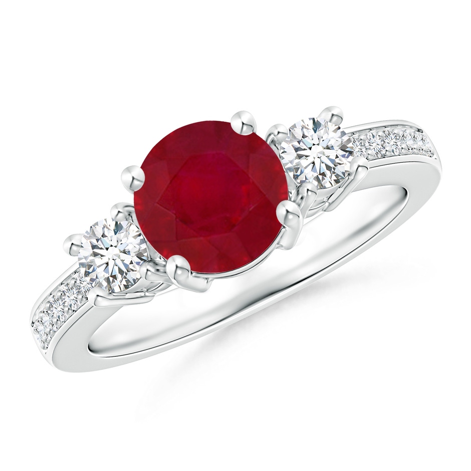 7mm AA Classic Three Stone Ruby and Diamond Ring in White Gold 