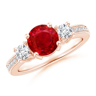 7mm AAA Classic Three Stone Ruby and Diamond Ring in 10K Rose Gold