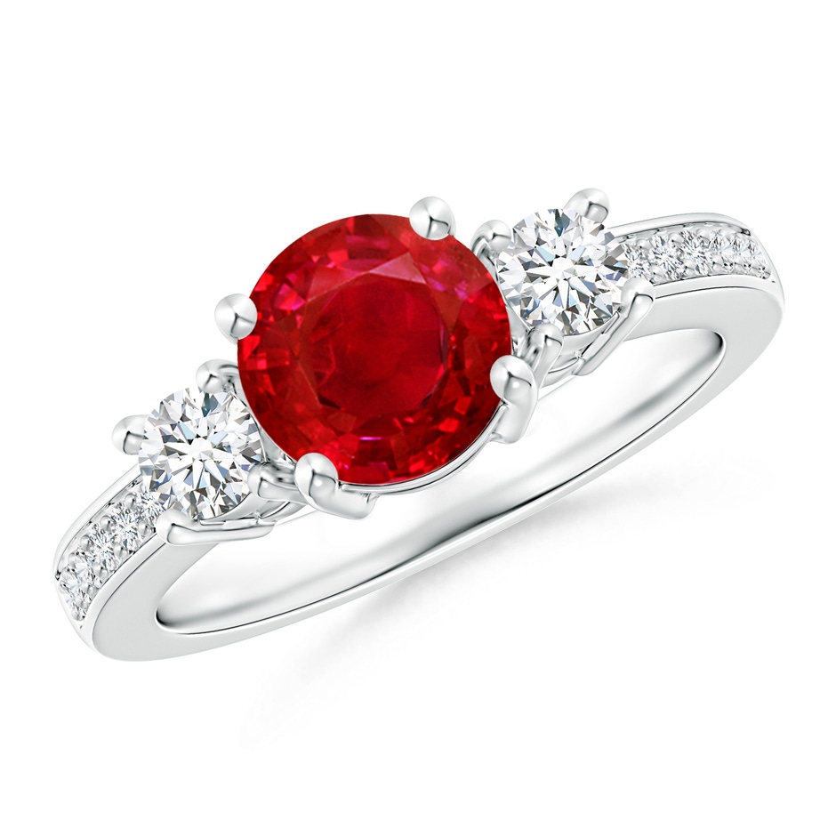 7mm AAA Classic Three Stone Ruby and Diamond Ring in White Gold 