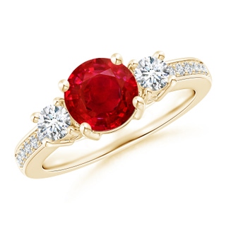 7mm AAA Classic Three Stone Ruby and Diamond Ring in Yellow Gold