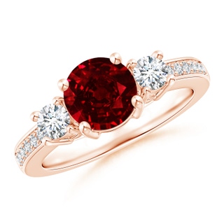 7mm AAAA Classic Three Stone Ruby and Diamond Ring in 9K Rose Gold
