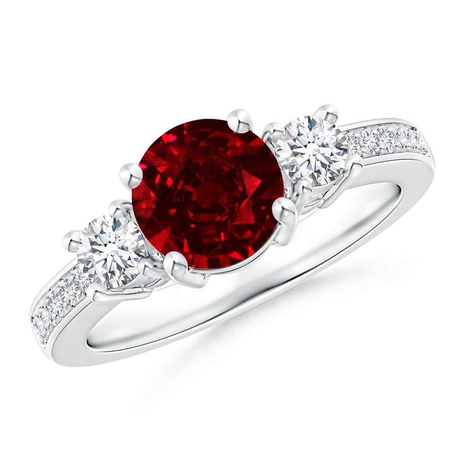 7mm AAAA Classic Three Stone Ruby and Diamond Ring in P950 Platinum 
