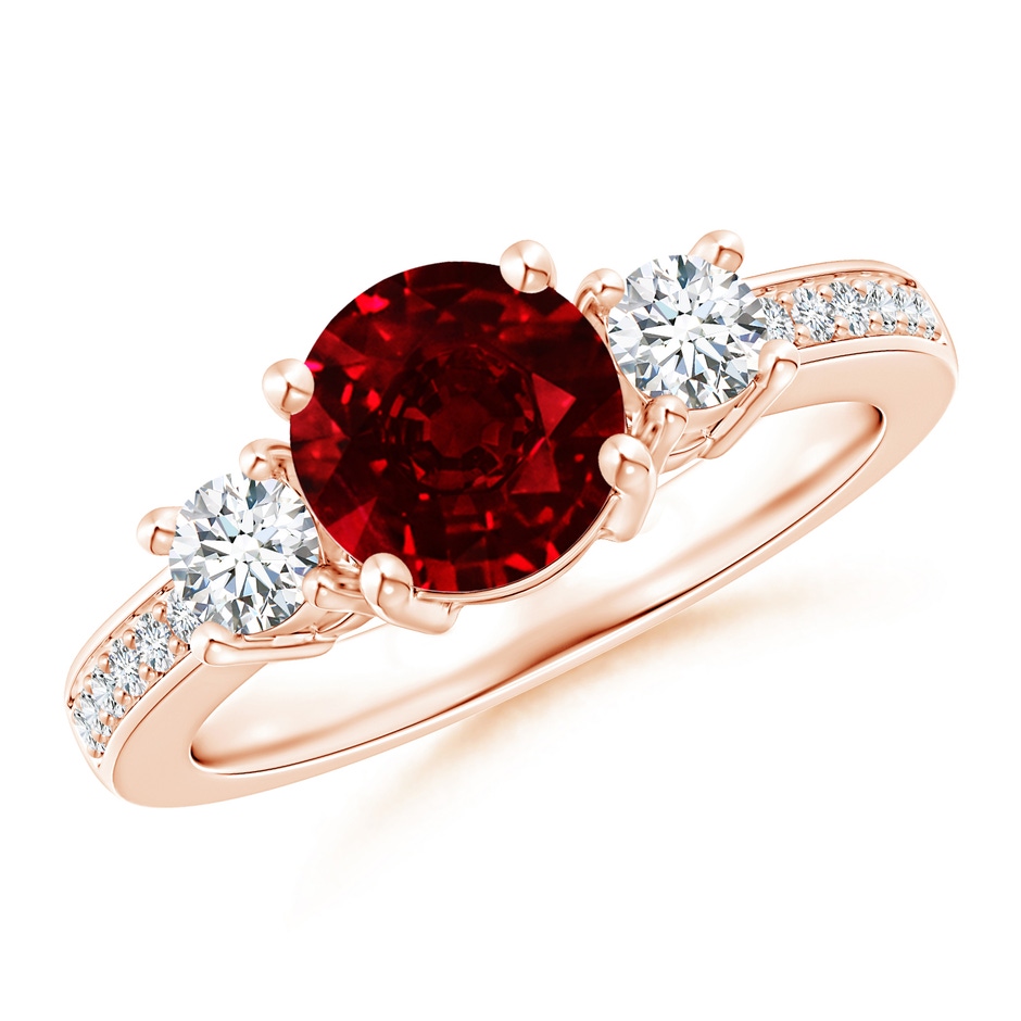 7mm AAAA Classic Three Stone Ruby and Diamond Ring in Rose Gold 
