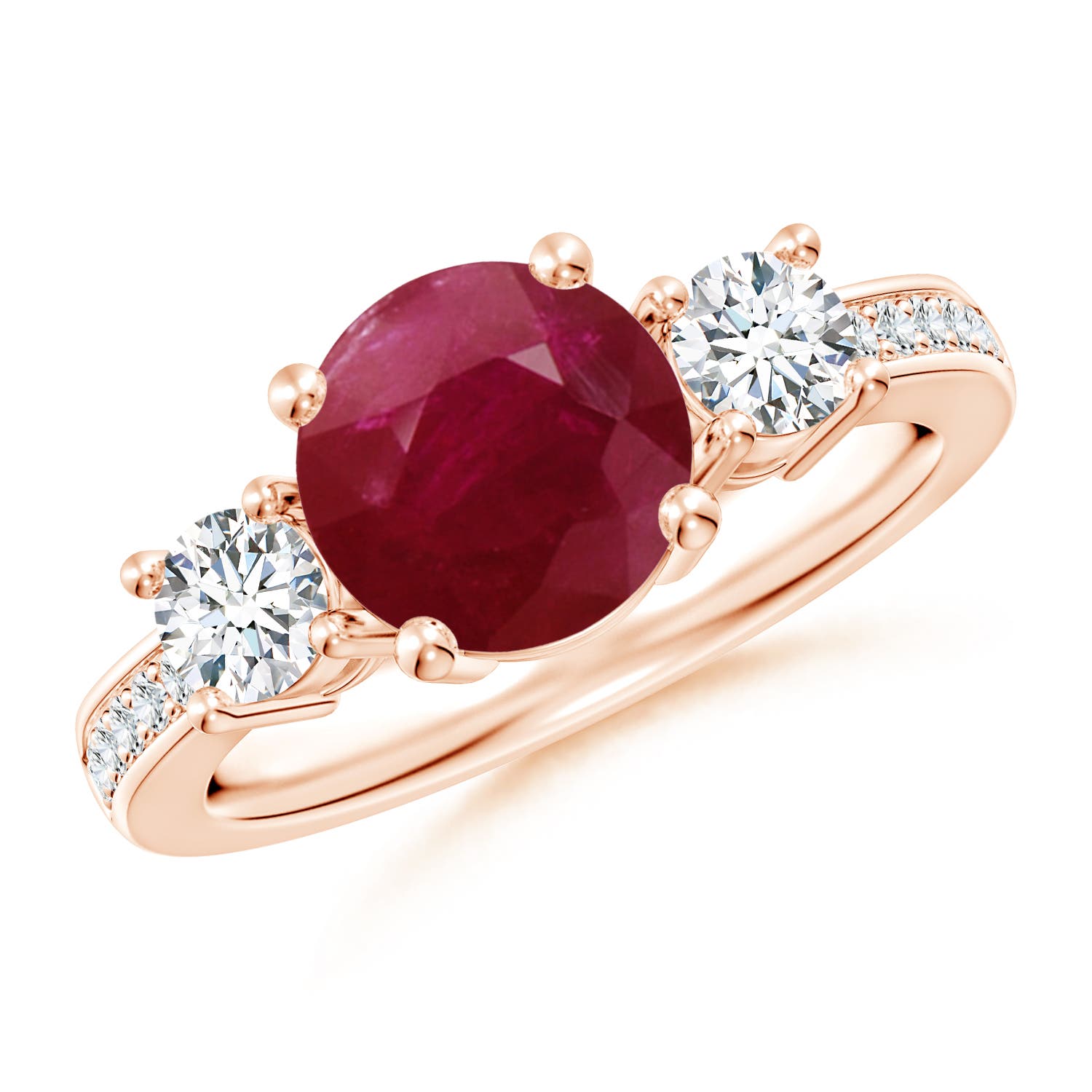 8mm A Classic Three Stone Ruby and Diamond Ring in Rose Gold