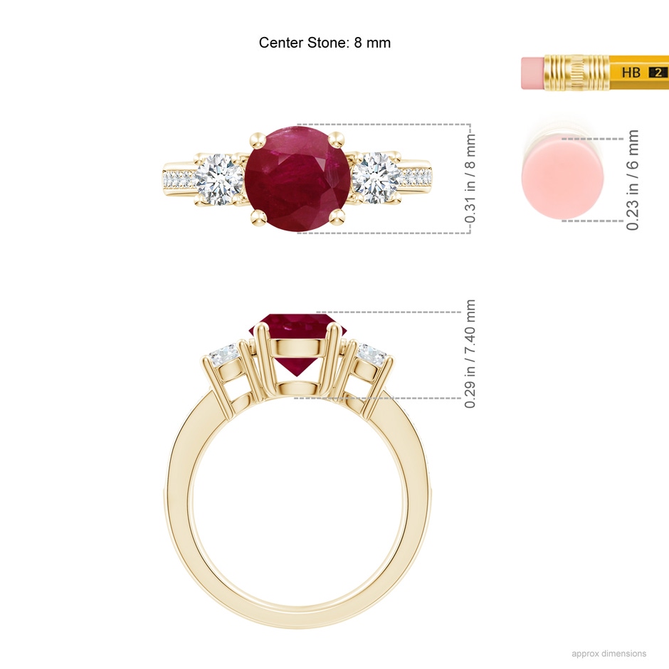 8mm A Classic Three Stone Ruby and Diamond Ring in Yellow Gold ruler