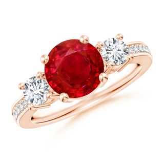 8mm AAA Classic Three Stone Ruby and Diamond Ring in 10K Rose Gold