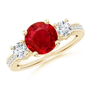 8mm AAA Classic Three Stone Ruby and Diamond Ring in 10K Yellow Gold