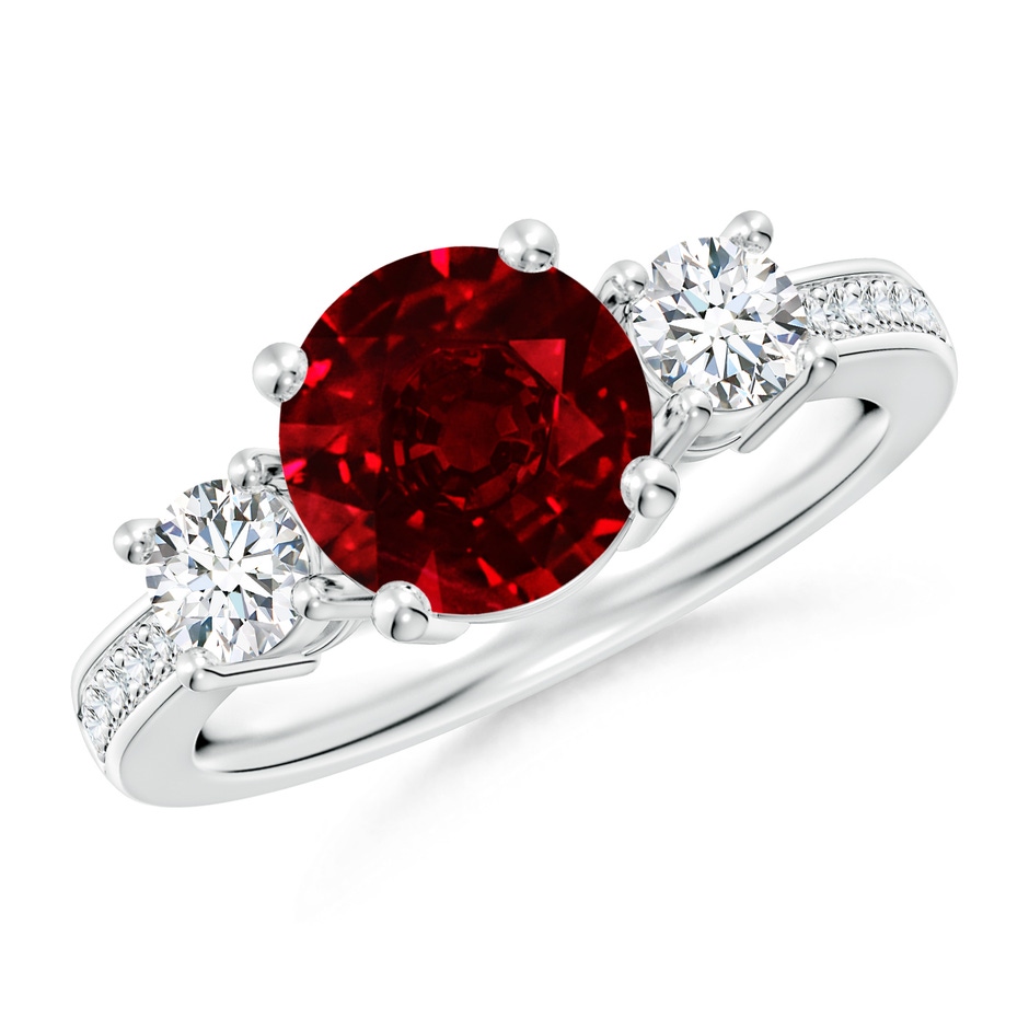 8mm AAAA Classic Three Stone Ruby and Diamond Ring in White Gold 