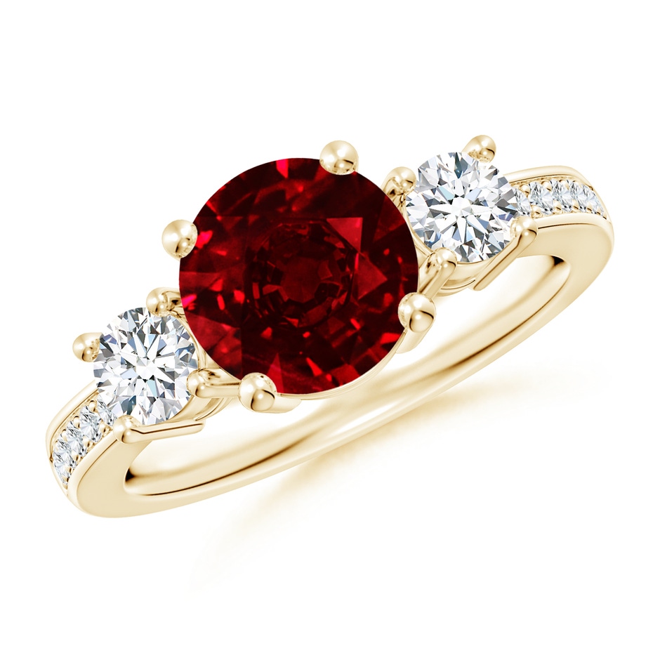 8mm AAAA Classic Three Stone Ruby and Diamond Ring in Yellow Gold 