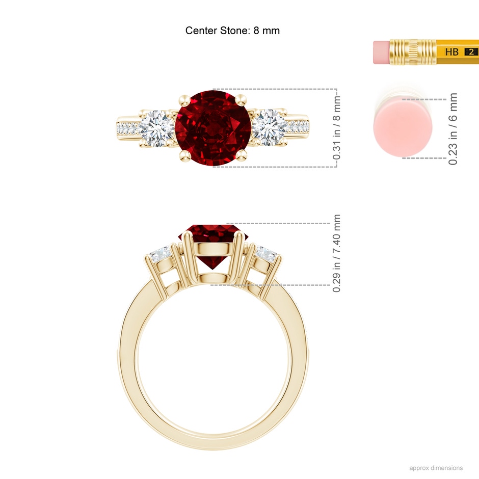 8mm AAAA Classic Three Stone Ruby and Diamond Ring in Yellow Gold ruler