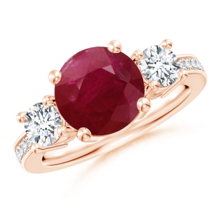 9mm A Classic Three Stone Ruby and Diamond Ring in 10K Rose Gold