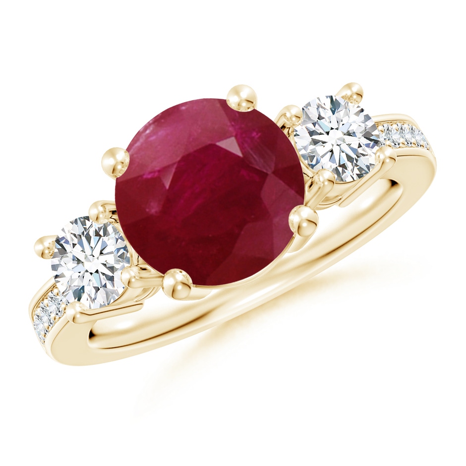 9mm A Classic Three Stone Ruby and Diamond Ring in Yellow Gold 