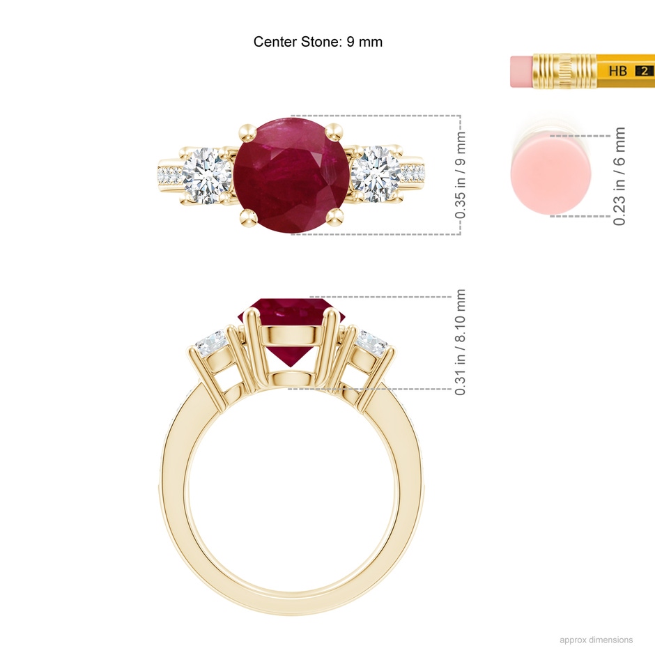 9mm A Classic Three Stone Ruby and Diamond Ring in Yellow Gold ruler