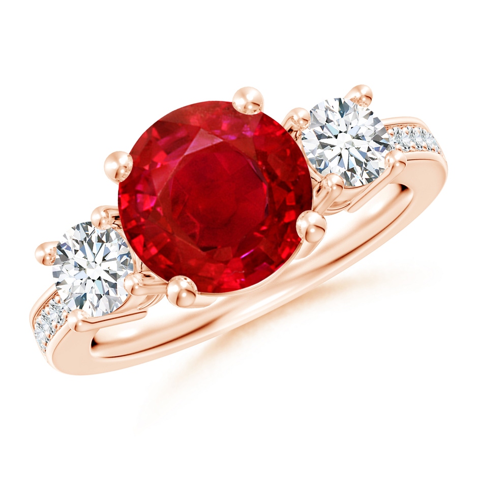9mm AAA Classic Three Stone Ruby and Diamond Ring in Rose Gold 