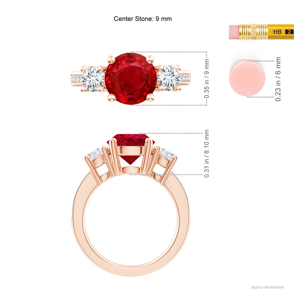 9mm AAA Classic Three Stone Ruby and Diamond Ring in Rose Gold ruler