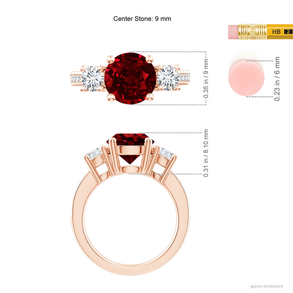 9mm AAAA Classic Three Stone Ruby and Diamond Ring in 10K Rose Gold ruler