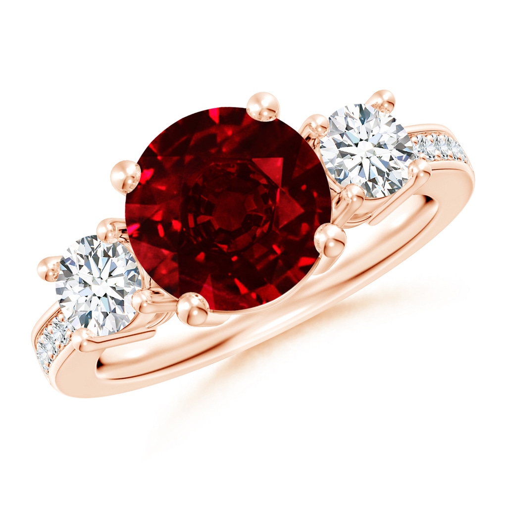 9mm AAAA Classic Three Stone Ruby and Diamond Ring in 9K Rose Gold