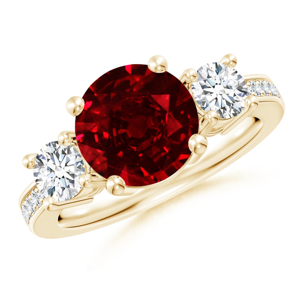 9mm AAAA Classic Three Stone Ruby and Diamond Ring in 9K Yellow Gold