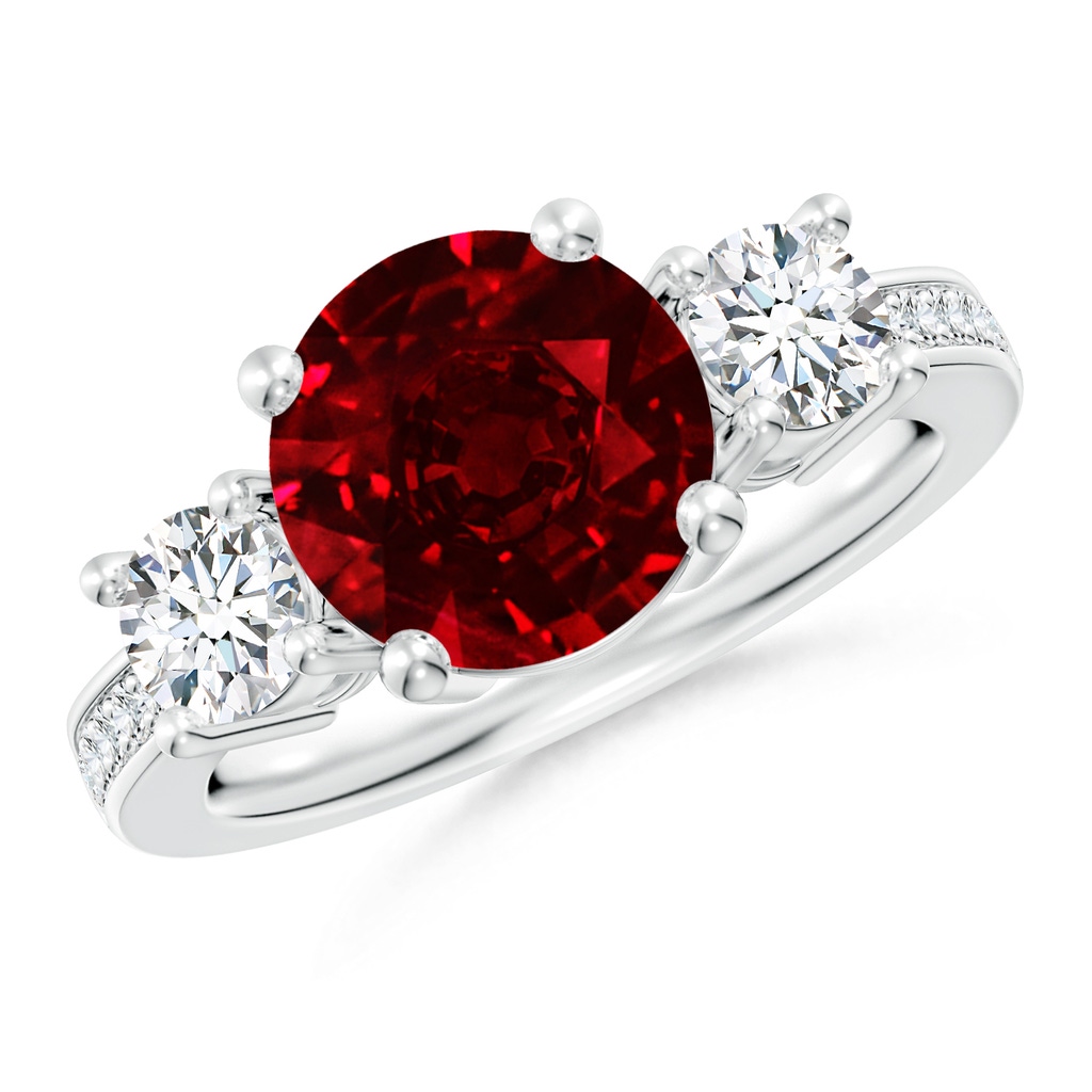 9mm AAAA Classic Three Stone Ruby and Diamond Ring in P950 Platinum