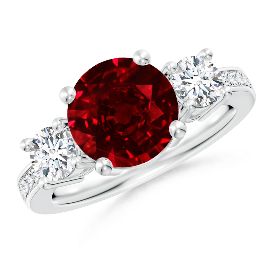 9mm AAAA Classic Three Stone Ruby and Diamond Ring in P950 Platinum 