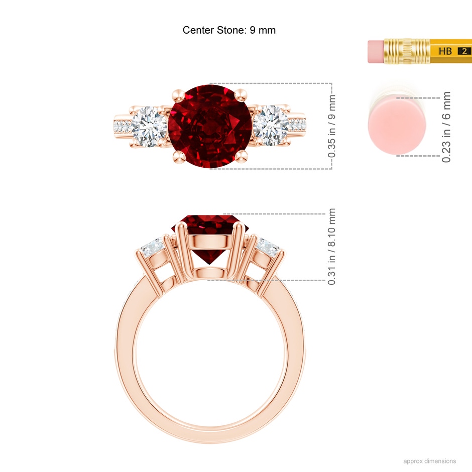 9mm AAAA Classic Three Stone Ruby and Diamond Ring in Rose Gold ruler
